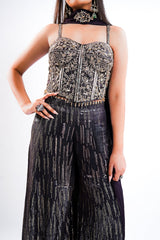 Deep Plum Georgette Fusion Set featuring Handcrafted Cutdana Bustier and Choker-Style Dupatta