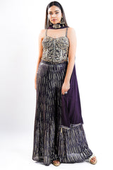 Deep Plum Georgette Fusion Set featuring Handcrafted Cutdana Bustier and Choker-Style Dupatta