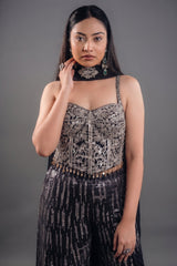 Deep Plum Georgette Fusion Set featuring Handcrafted Cutdana Bustier and Choker-Style Dupatta