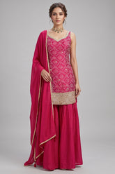Rani Pink Chinon Silk Printed Palazzo Suit with Sequin Embroidery Work