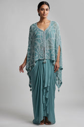 Persian Green Georgette Cutdana Beaded Work Asymmtrical Top and Dhoti Skirt Set
