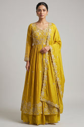 Yellow Chinon Sequinned Slit Cut Lehenga Suit