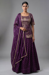 Wine Art Silk Bandhej Woven Slit Cut Lehenga Suit