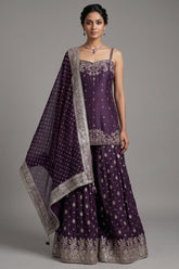 Purple Raw Silk Mirror Embroidered Palazzo Suit