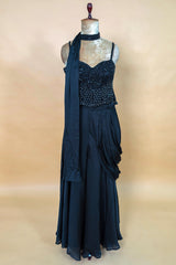 Blue Net Cutdana Worked Crop Top Palazzo Set with Attached Dupatta