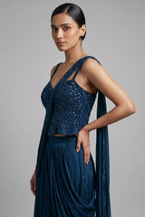 Blue Net Cutdana Worked Crop Top Palazzo Set with Attached Dupatta