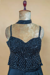 Blue Net Cutdana Worked Crop Top Palazzo Set with Attached Dupatta