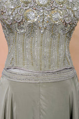 Grey Crepe Silk Cutdana Sequin Worked Crop Top Palazzo Suit