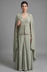 Pista Green Crepe Silk Sequin Beaded Slit Cut Palazzo Suit