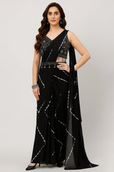 Black Chiffon Georgette Tie Dye Printed Pre Stitched Saree