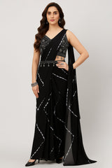 Black Chiffon Georgette Tie Dye Printed Pre Stitched Saree