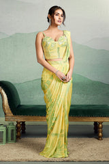 Yellow Crepe Readymade Digital Printed Saree with Sweet Heart Neck Blouse