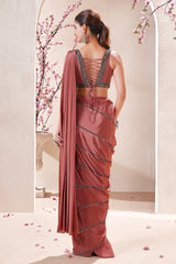 Rust Peach Satin Crepe Silk Cutdana and Sequin Worked Ready to Wear Saree