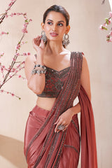 Rust Peach Satin Crepe Silk Cutdana and Sequin Worked Ready to Wear Saree