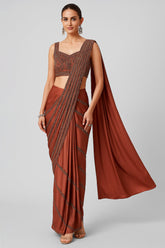Rust Peach Satin Crepe Silk Cutdana and Sequin Worked Ready to Wear Saree