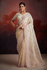 Off White Net Sequin Embroidered Saree with Bead Work