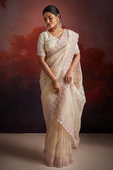 Off White Net Sequin Embroidered Saree with Bead Work
