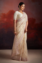 Off White Net Sequin Embroidered Saree with Bead Work