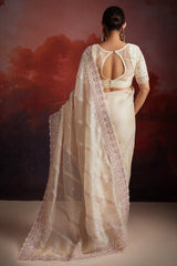 Off White Net Sequin Embroidered Saree with Bead Work