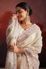 Off White Net Sequin Embroidered Saree with Bead Work