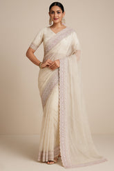 Off White Net Sequin Embroidered Saree with Bead Work