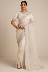 Off White Net Sequin Embroidered Saree with Bead Work