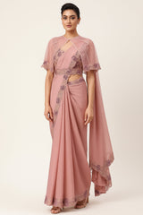 Dusty Pink Satin Silk Readymade Saree with Poncho Blouse