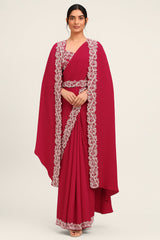 Rani Pink Satin Silk Readymade Saree with Cape