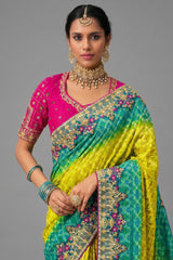 Yellow and Green Georgette Traditional Bandhej Saree