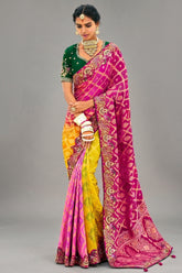 Multi Colored Georgette Traditional Bandhej Saree with Cutdana and Bead Work