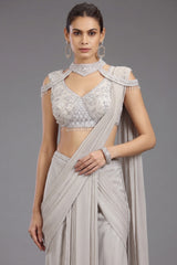 Grey Georgette Shimmer Pleated Saree with Embellished Blouse