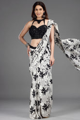 Pearl White Crepe Silk Printed Readymade Saree with Embellished Blouse