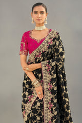 Black Viscose Woven Saree with Embroidery Border