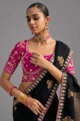 Black Viscose Woven Butta Saree with Embroidery Border