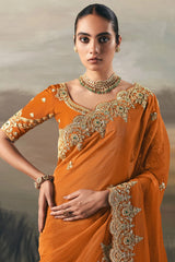Orange Tissue Saree with Sequin and Embroidered Border