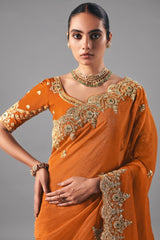 Orange Tissue Saree with Sequin and Embroidered Border