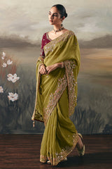 Olive Green Tissue Saree with Sequin and Embroidered Border
