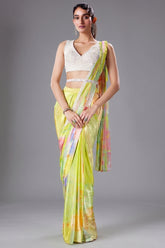 Lime Green and Multi Colored Crepe Silk Pre Draped Saree with Sequins and Cutdana Work Blouse