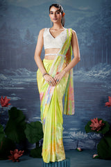 Lime Green and Multi Colored Crepe Silk Pre Draped Saree with Sequins and Cutdana Work Blouse