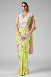 Lime Green and Multi Colored Crepe Silk Pre Draped Saree with Sequins and Cutdana Work Blouse