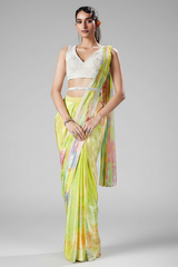 Lime Green and Multi Colored Crepe Silk Pre Draped Saree with Sequins and Cutdana Work Blouse