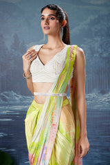 Lime Green and Multi Colored Crepe Silk Pre Draped Saree with Sequins and Cutdana Work Blouse