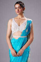 Blue Crepe Silk Printed Ready to Wear Saree with Mirror and Sequin Cutdana Work V Neck Blouse