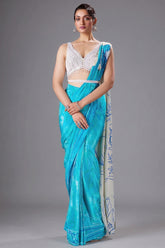 Blue Crepe Silk Printed Ready to Wear Saree with Mirror and Sequin Cutdana Work V Neck Blouse