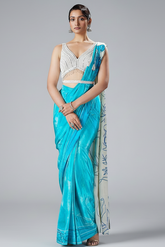 Blue Crepe Silk Printed Ready to Wear Saree with Mirror and Sequin Cutdana Work V Neck Blouse