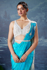 Blue Crepe Silk Printed Ready to Wear Saree with Mirror and Sequin Cutdana Work V Neck Blouse