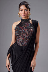 Black Crepe Silk Pre Draped Saree with Halter Neck Sequin Embroidered Blouse