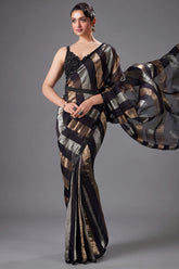 Black Organza Pre Draped Saree with Beaded Cutdana Work Blouse
