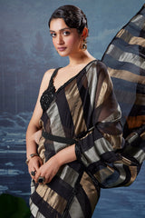 Black Organza Pre Draped Saree with Beaded Cutdana Work Blouse