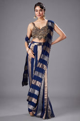 Blue Organza Pre Draped Saree with Bead Work Blouse